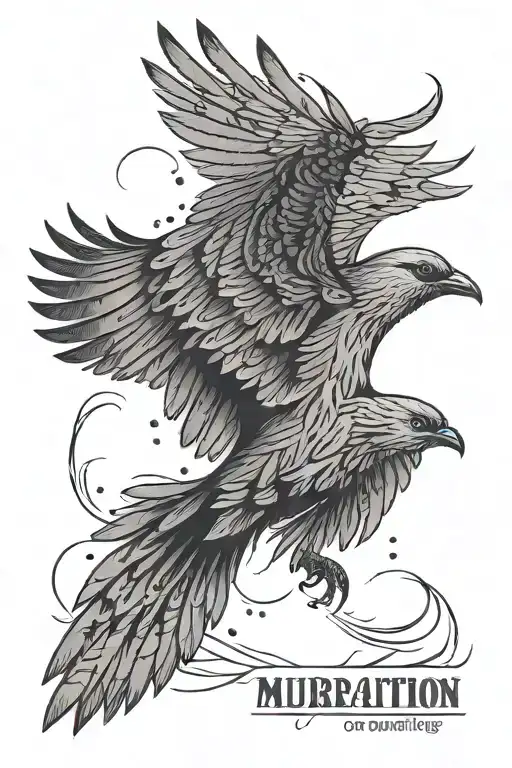 A Bird Flying With The Word Murmuration Running Vertically