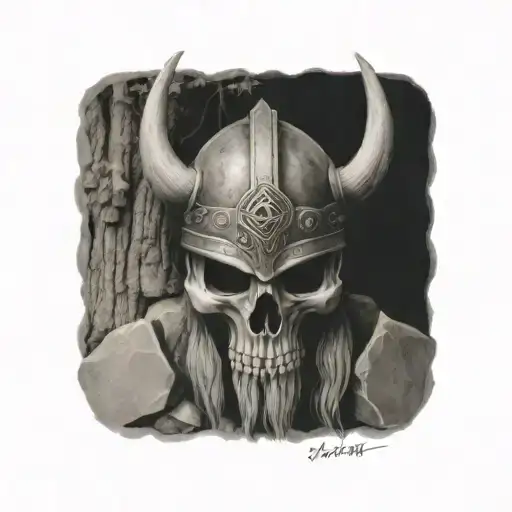 Skull Wearing Viking Helmet Surrounded By Rocks And Trees