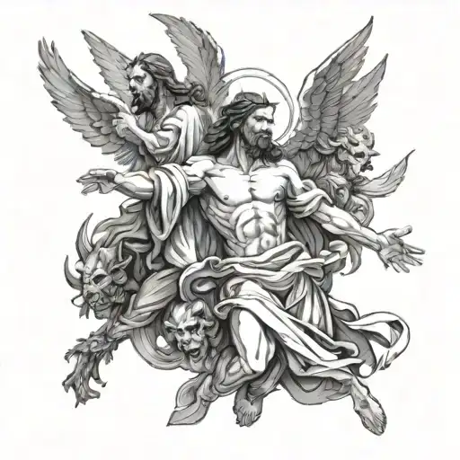 Jesus Looking Down On An Angel And Demon Fighting And The Devil Looking Up At Them