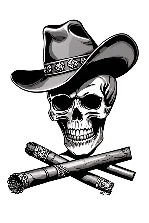 Mexican Skull With Cigar Next To Cowboy Skull With Cigar