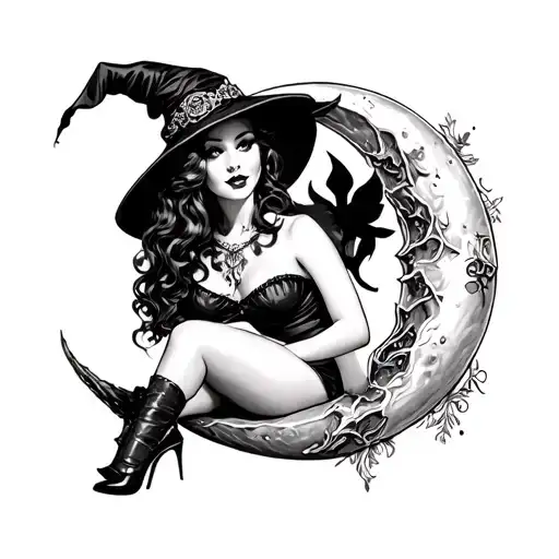 40S Pinup Witch Sitting In Crescent Moon