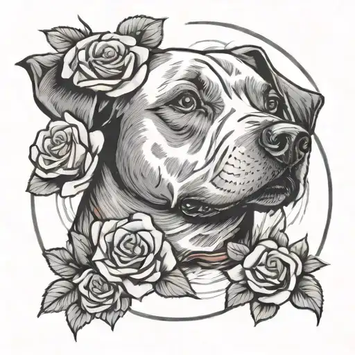 An American Staff Dog With Roses Growing