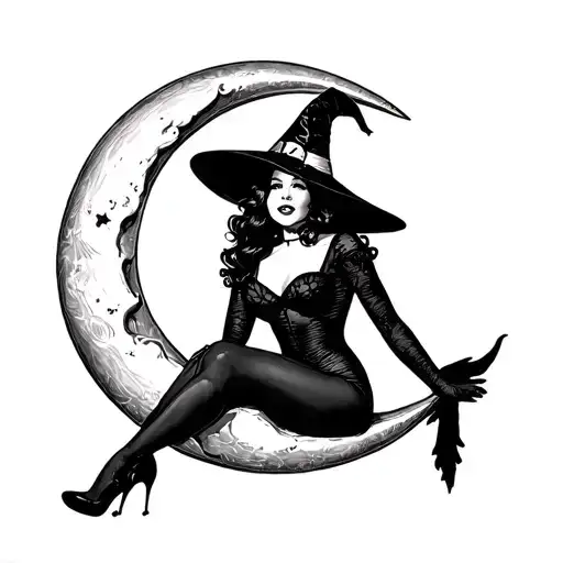 Simple 40S Pinup Witch Sitting In Crescent Moon