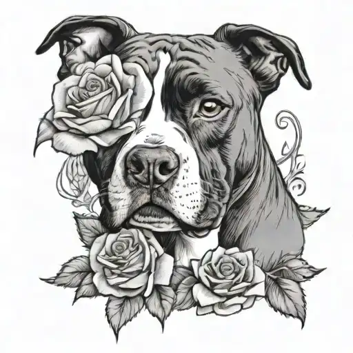 A Black And White American Staffordshire Terrier With Roses Growing