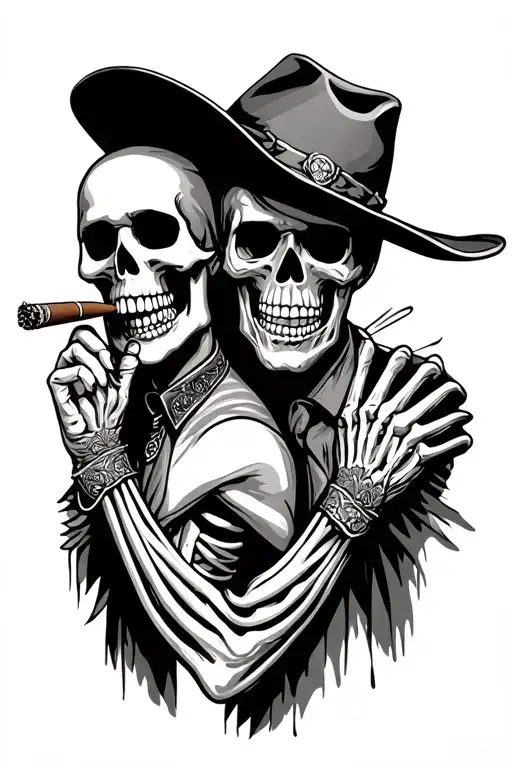 Mexican Chicano Skeleton With Cigar Next To Western Cowboy Skeleton With Cigar