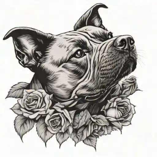 A Black American Staffordshire Terrier With Roses Growing