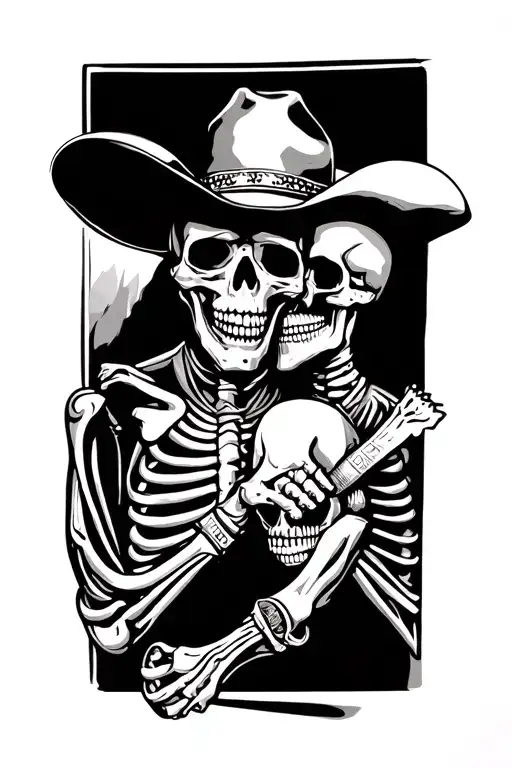 Mexican Chicano Skeleton And Western Cowboy Skeleton In Stand Off