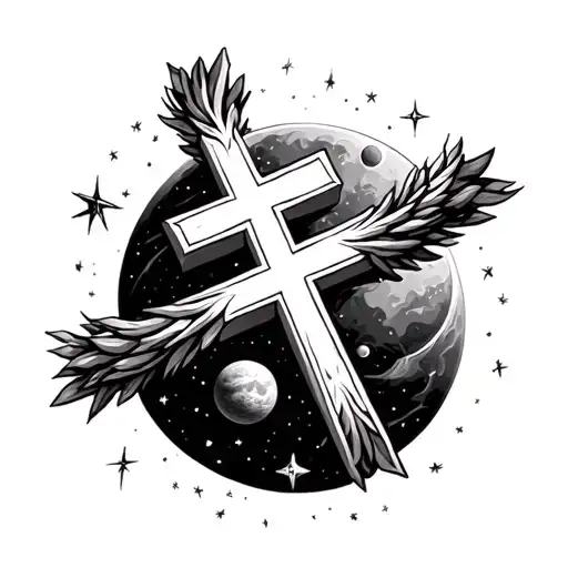 Christian Cross With Stars And Planets Orbiting