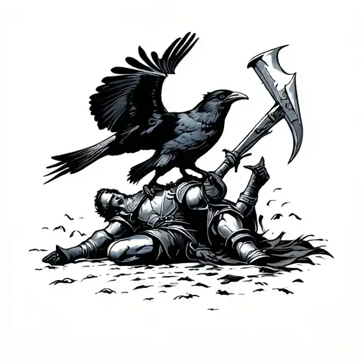 Crow Flying Over A Falling Stabbed Knight In A Woodcut Style