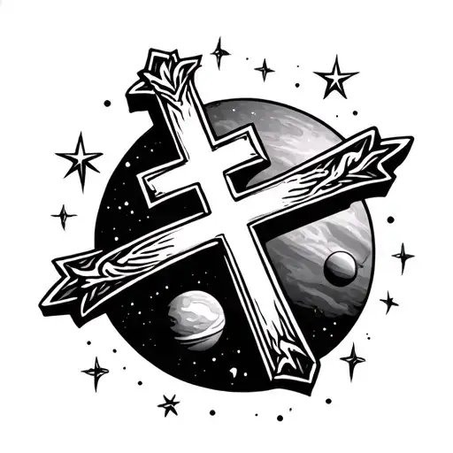 Christian Cross With Stars And Planets