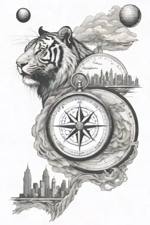 Compass Mountains Tiger Basketball City Skyline Silhouette