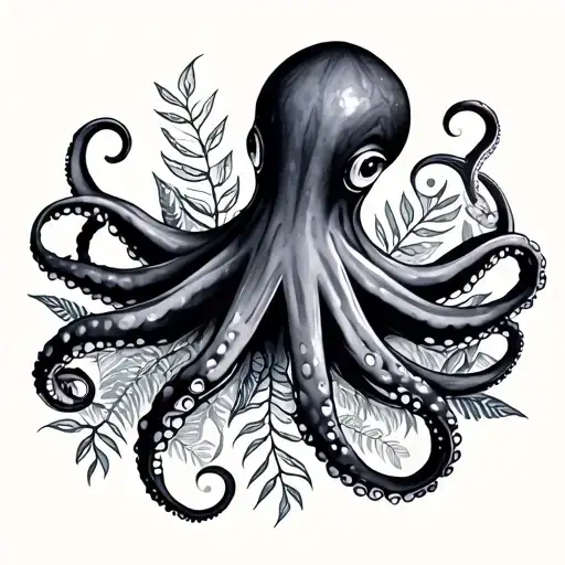 Illustrative Octopus With Lots Of Foliage