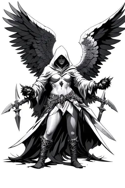 Hooded Angel Of Valor With Daggers And Paws Incorporated In Their Outfit