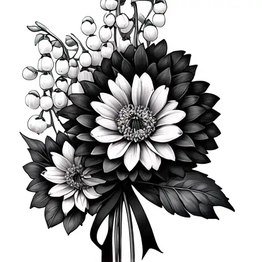 Fine Line Chrysanthemum And Lily Of The Valley Tied Together With Bow