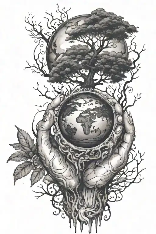A Full Hand Tattoo Of Mother Earth And Below That A Forest Story Of Nature And Animals Till Wrist