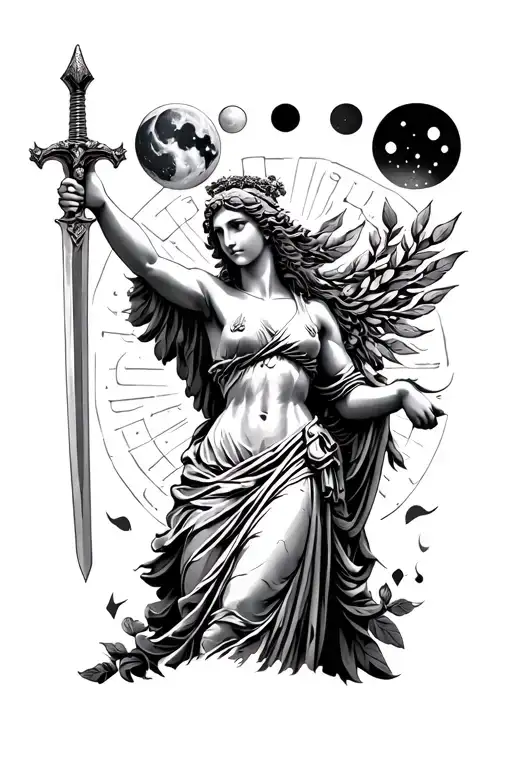 Nike Goddess Of Victory Holding A Sword And Laurel With Moon Phases