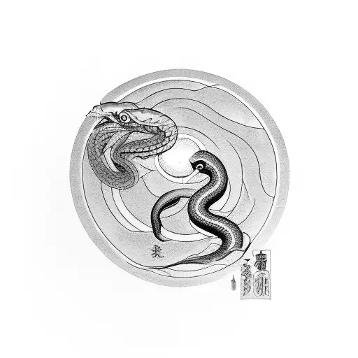 A Traditional Japanese Tattoo Design Incorporating A Snake And Sun Motif
