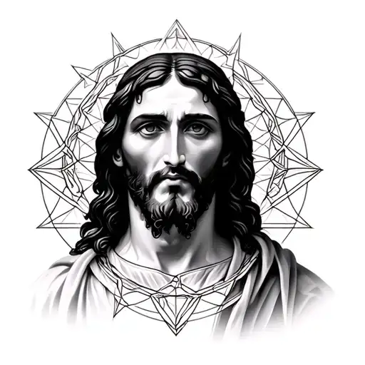 A Portrait Of Jesus With Intricate Geometric Patterns Surrounding Him
