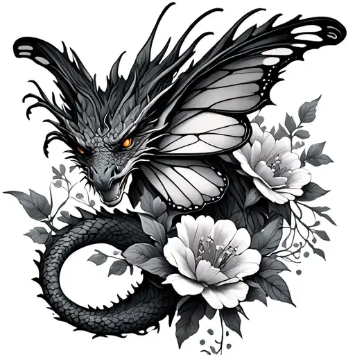 Dragon And Flowers With Semi Colon Butterfly