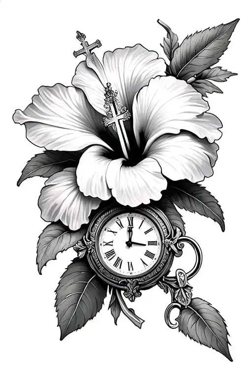 Hibiscus Flower With Cross And A Clock On Forearm
