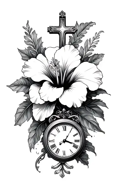 Hibiscus Flower With Cross And A Clock On Forearm