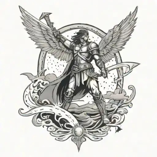 Arch Angel With Sword Surrounded By Stary Beach Night