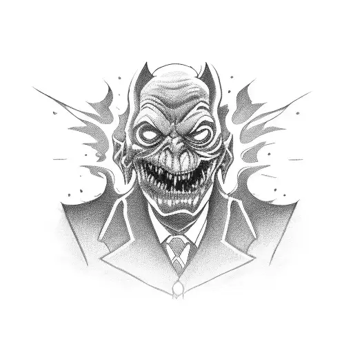 An Evil Demon Face Dressed In A Busines Suit Smoking A Joint