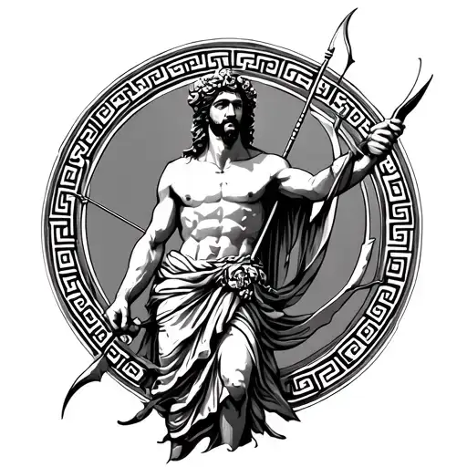 Greek God Apollo With Bow And Arrow And Greek Pattern Around Tattoo