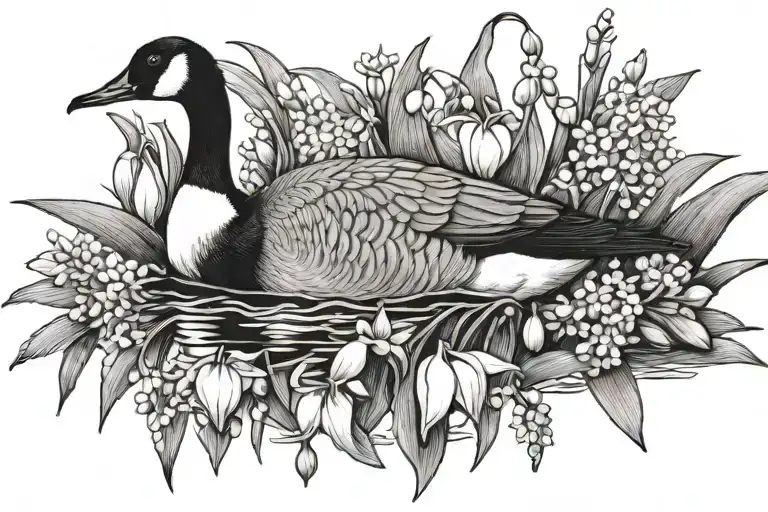 Canada Goose Swimming With Lily Of The Valley On The Bank