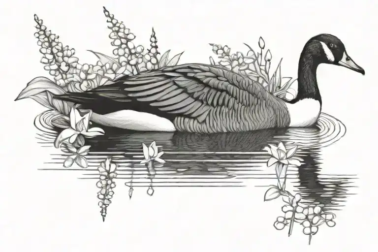 Canada Goose Swimming In Pond Surround By Lily Of The Valley