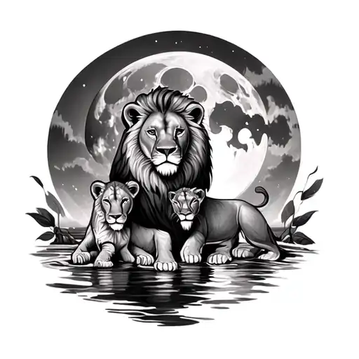 Lion With His Lioness Cub At The Rive Fire Typhoon Moon