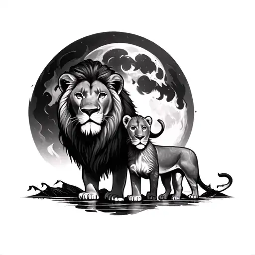 Lion With His Lion Cub At The Rive Fire Typhoon Moon