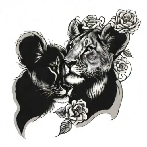 Lioness 2 Lion Cubs Flower