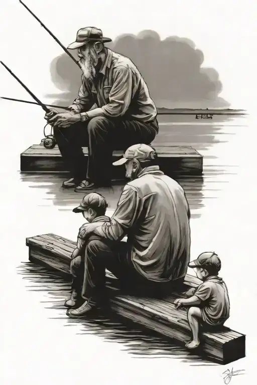 Father And Son Sitting On Dock Fishing