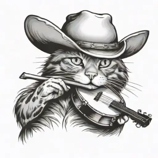 Cat With A Cowboy Hat Relaxing While Playing Banjo