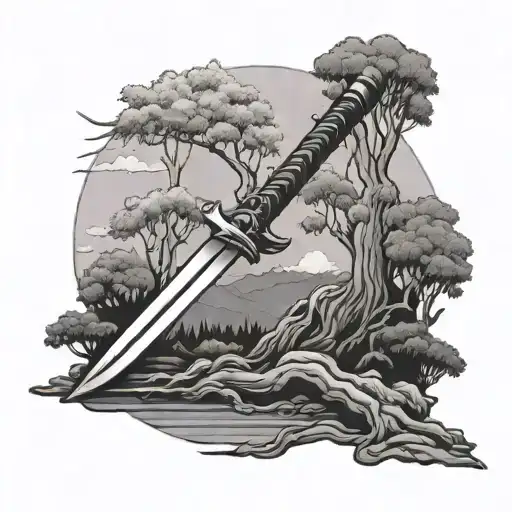 Katana In The Floor Surrounded By Trees