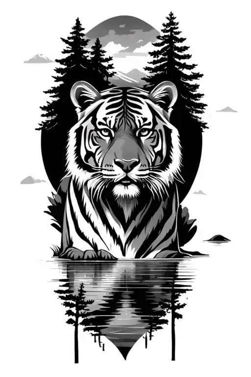 Tiger In Woods With Lake Scene