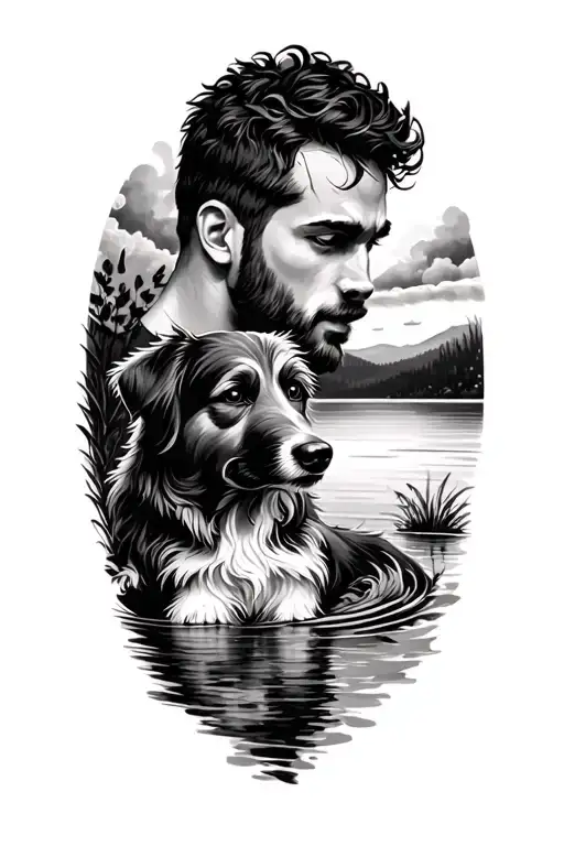 Man With Dog With Lake Scene