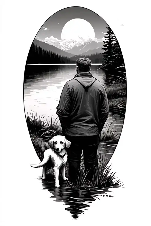 Man With Dog Far Away With Lake Scene