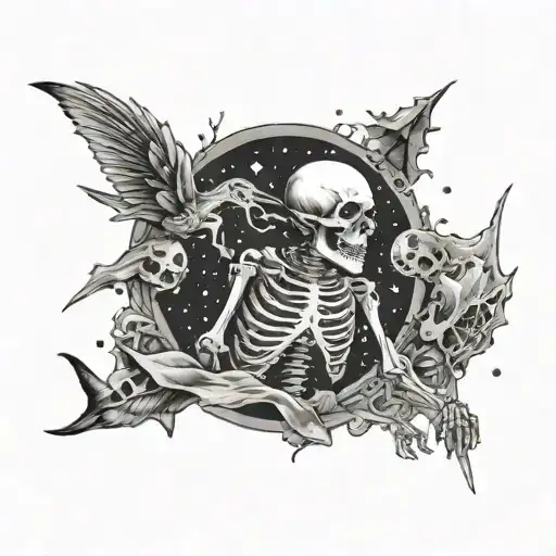 Space Background With Sea Creatures Being Sucked Through Space With A Skeleton