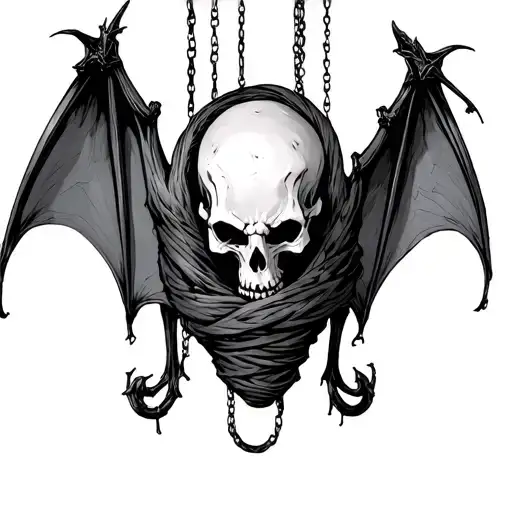 Upside Down Hanging Bat Wings Wrapped With Skeletal Head Black