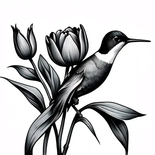 Small Simple Fine Line Tattoo With Hummingbird And Tulip