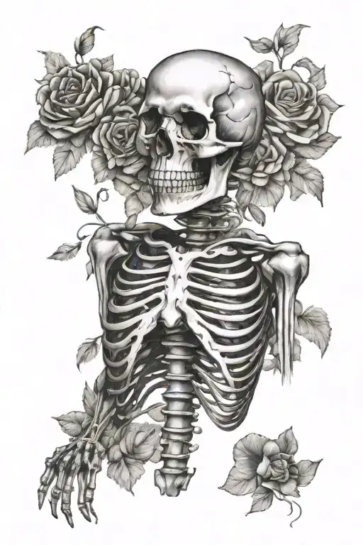 Anatomical Skeleton With Organs And Flowers Growing