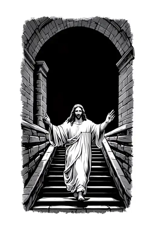 A Kid Holding Jesus Hand Walking Up The Stairway To Heaven Wi