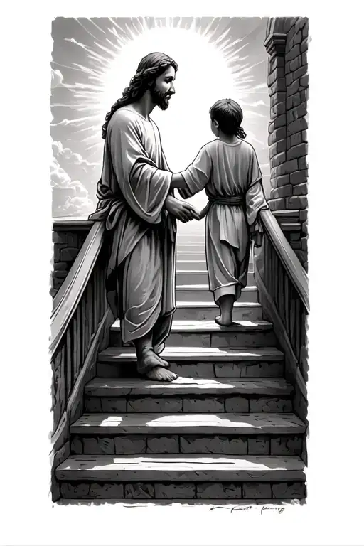 A Kid Holding Jesus Hand Walking Up The Stairway To Heaven