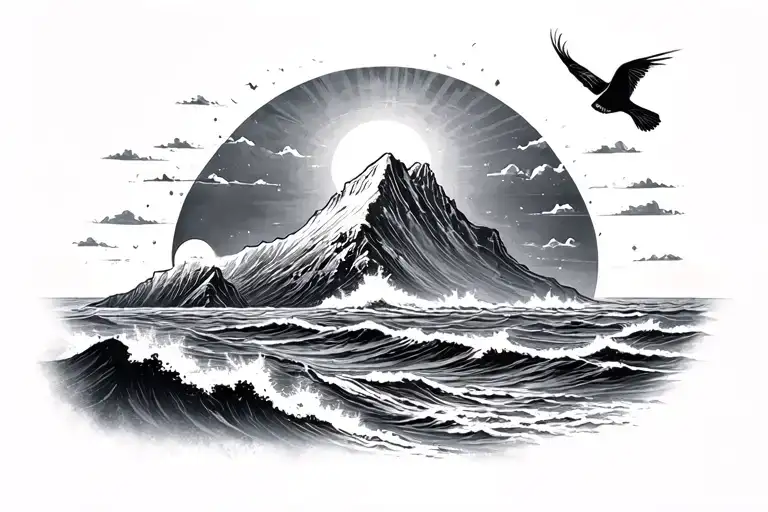 Mauntain With Ocean And Sun Rising With Bird Fly In The Sky