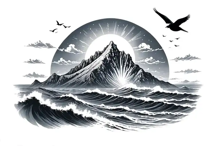 Mauntain With Ocean And Sun Rising With Bird Fly In The Sky