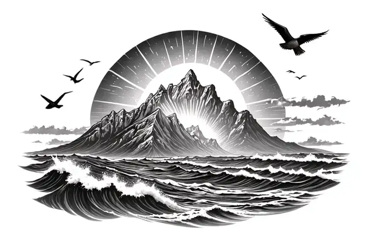 Mauntain With Ocean And Sun Rising With Bird Fly In The Sky