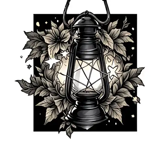 Vintage Color Lantern Tattoo With Stars And Vines