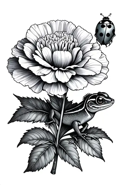 Carnation Bundle With A Lady Bug On The Leaf And A Gecko Elegant Tatto